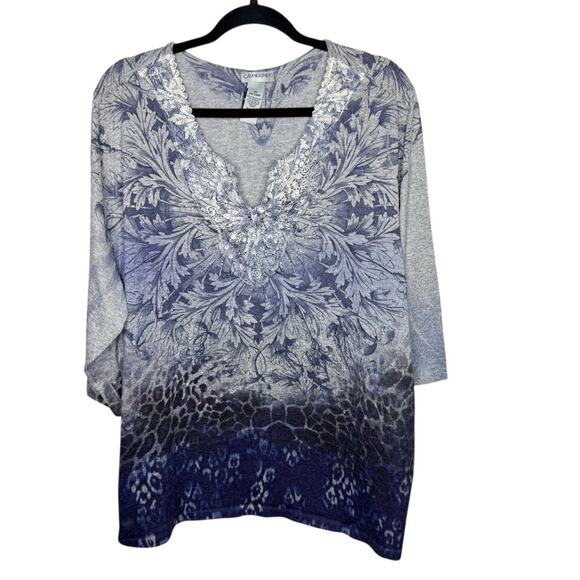 CATHERINE'S / blue ombre mixed media floral cheetah printed 3/4 sleeve tee / 3X - Picture 1 of 7